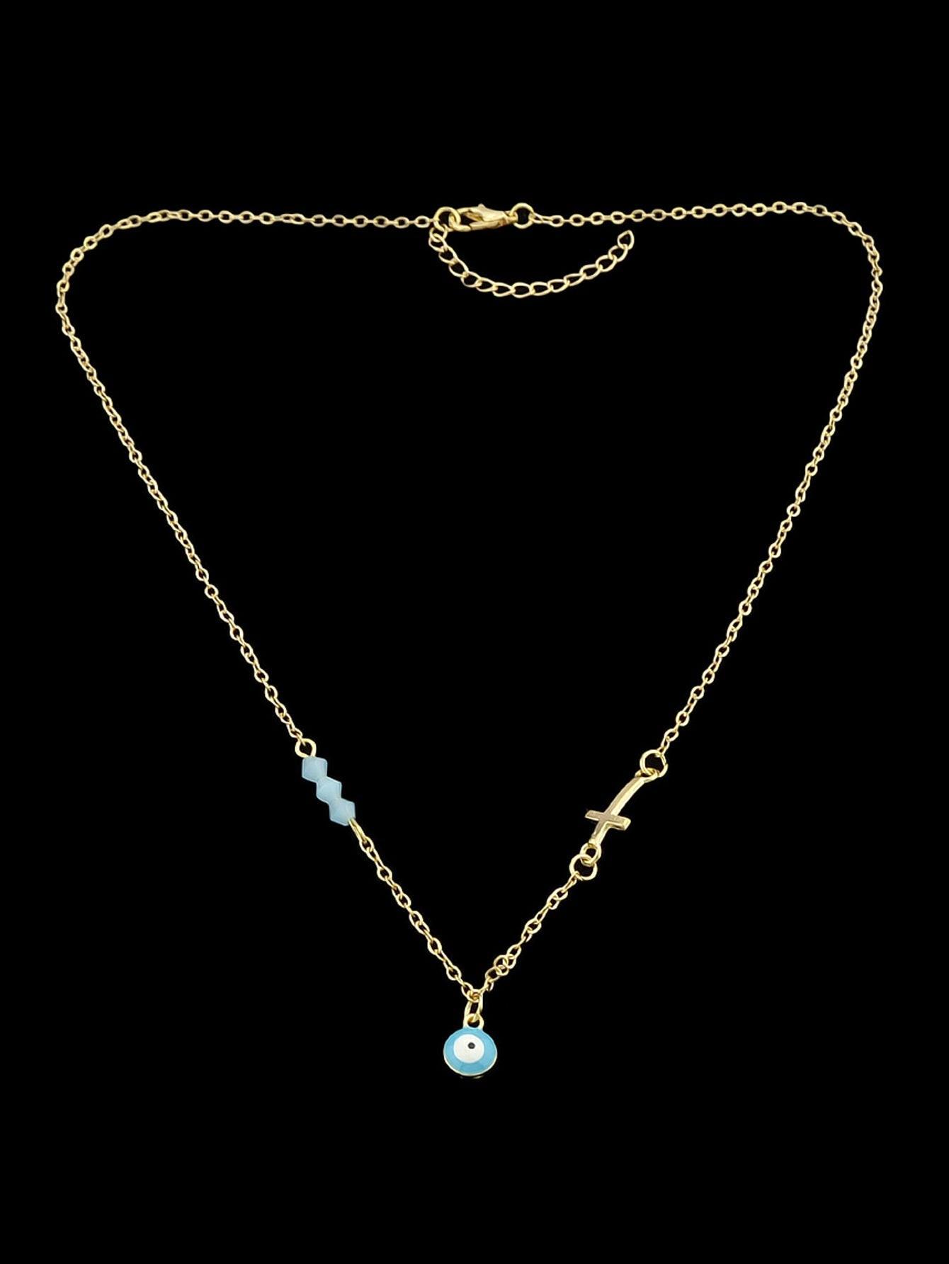 Boho Chic Chain Blue Beads Cross Round Eye Charm Necklace Girls Ethnic Jewellery