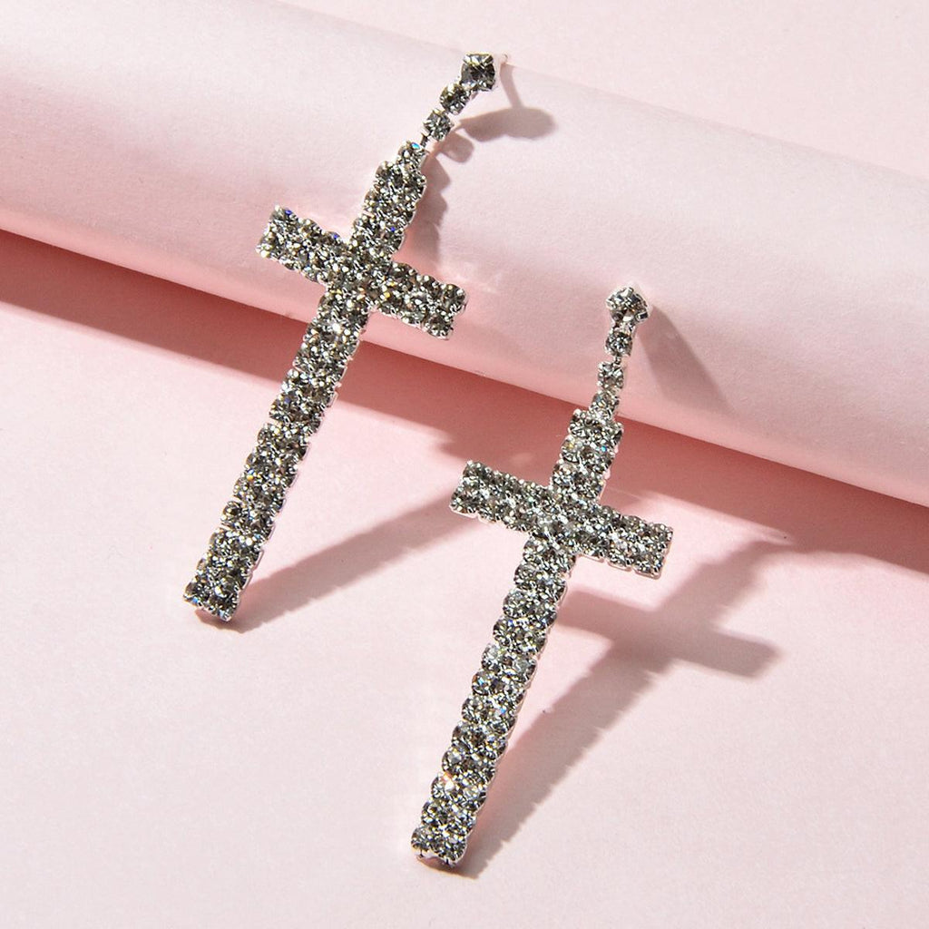 Female Jewellery Punk Shining Full Rhinestone Silver Cross Statement Earrings