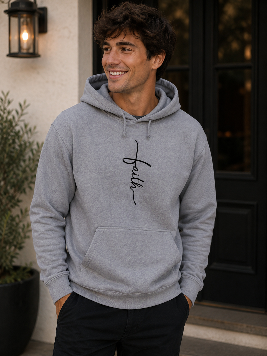 Mens Graphic Hoodie Faith Script Cross Illustration