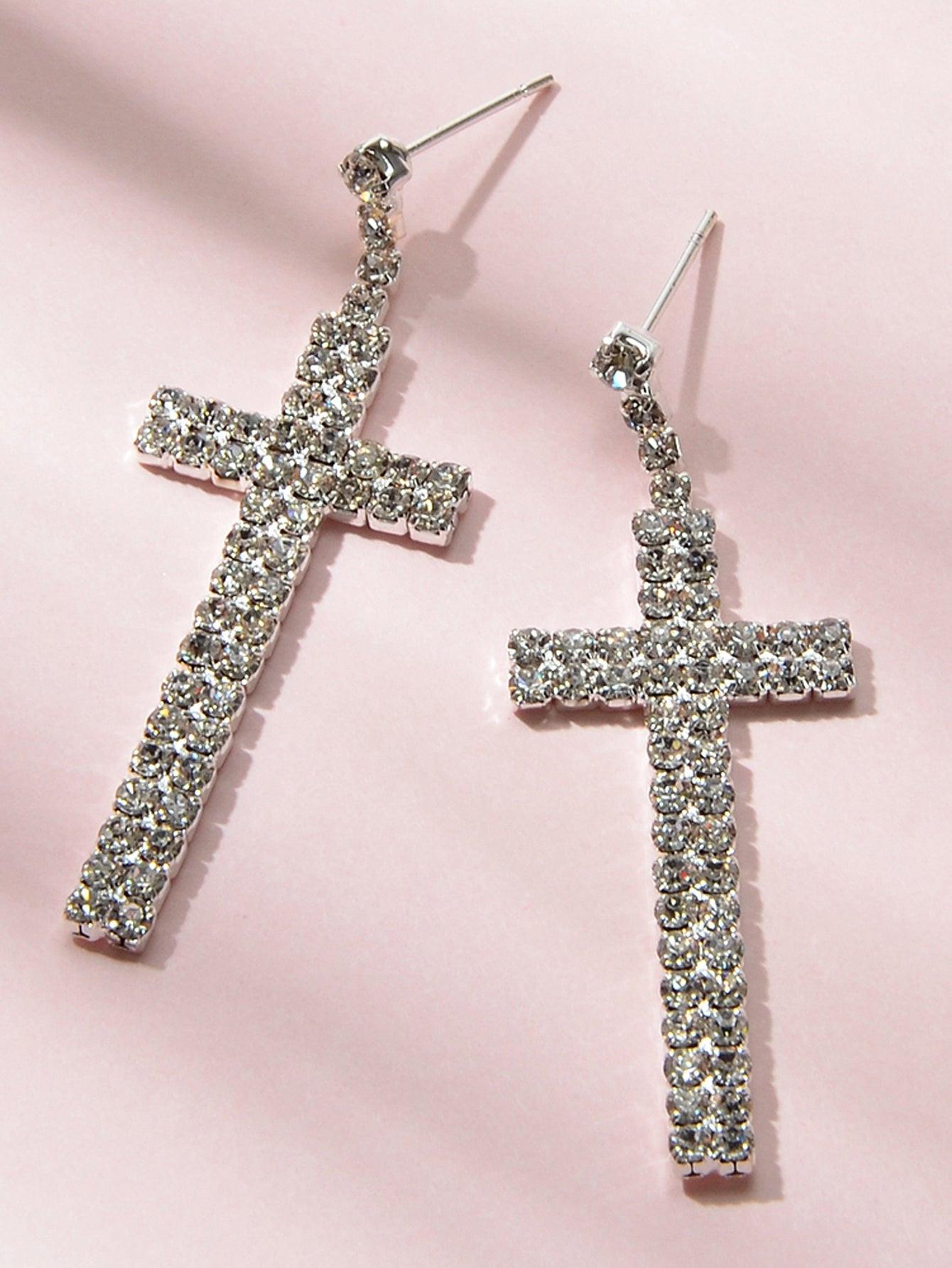 Female Jewellery Punk Shining Full Rhinestone Silver Cross Statement Earrings