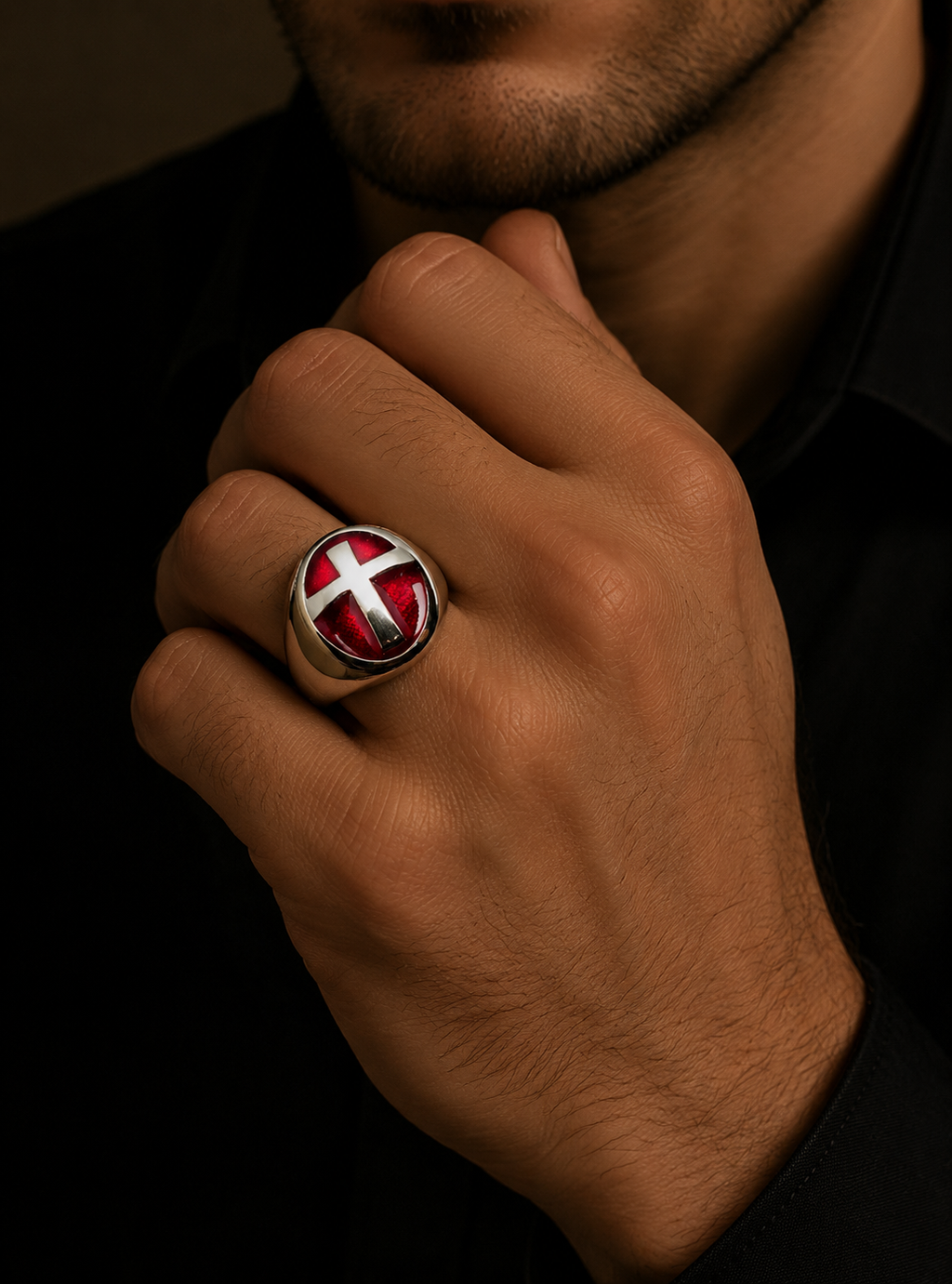 Excellent crafted Men's Ring modern red Christian Cross - Solid Brass