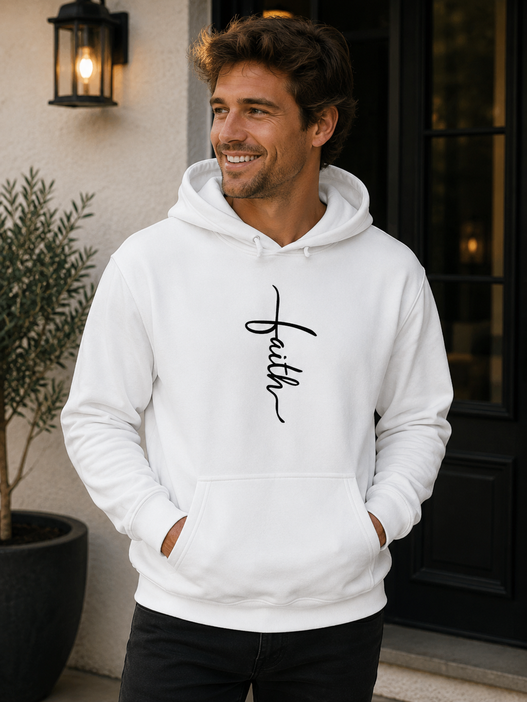 Mens Graphic Hoodie Faith Script Cross Illustration