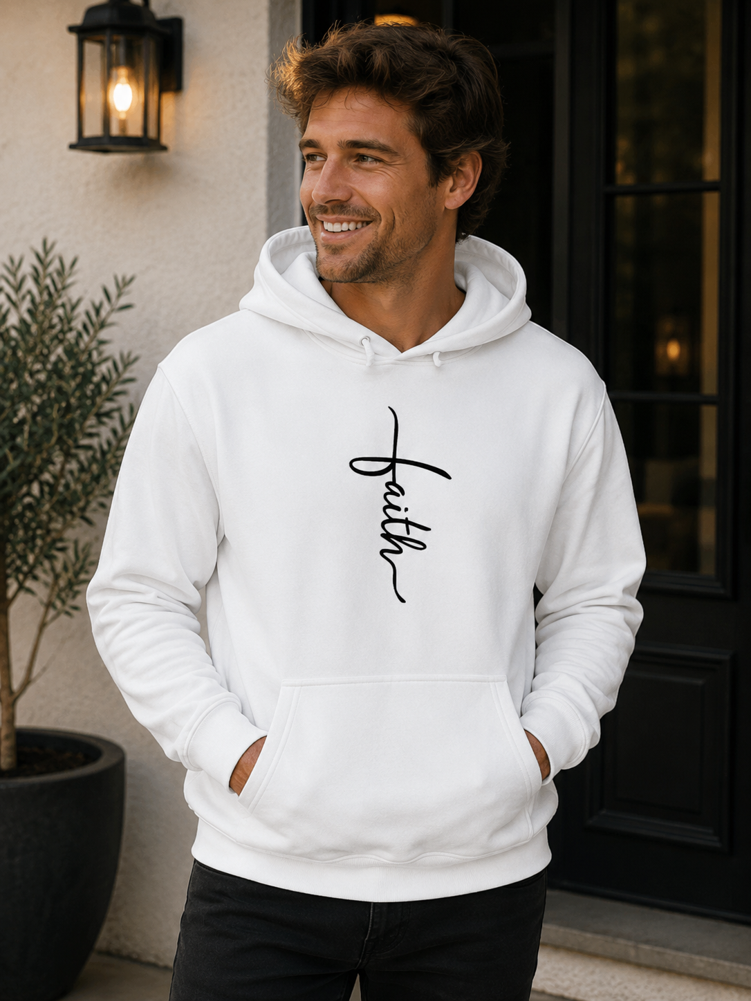Mens Graphic Hoodie Faith Script Cross Illustration
