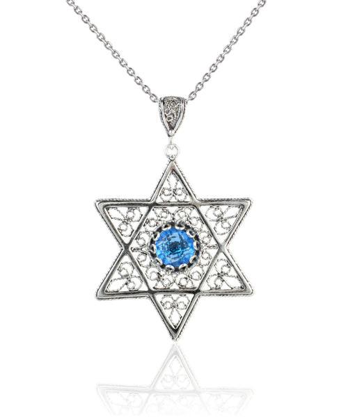 Filigree Art Blue Quartz Gemstone Star of David Women Silver Pendant