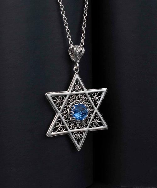 Filigree Art Blue Quartz Gemstone Star of David Women Silver Pendant