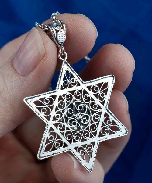 Filigree Art Blue Quartz Gemstone Star of David Women Silver Pendant