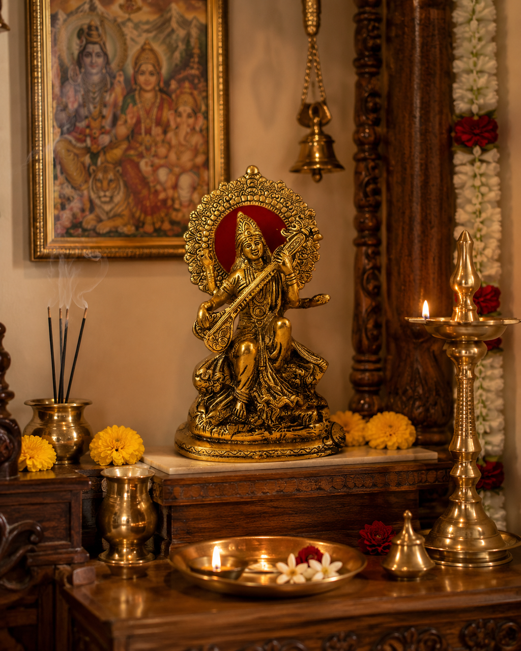ARYADIT Gift Gold Plated Saraswati maa Metal Idol, Hindu Goddess