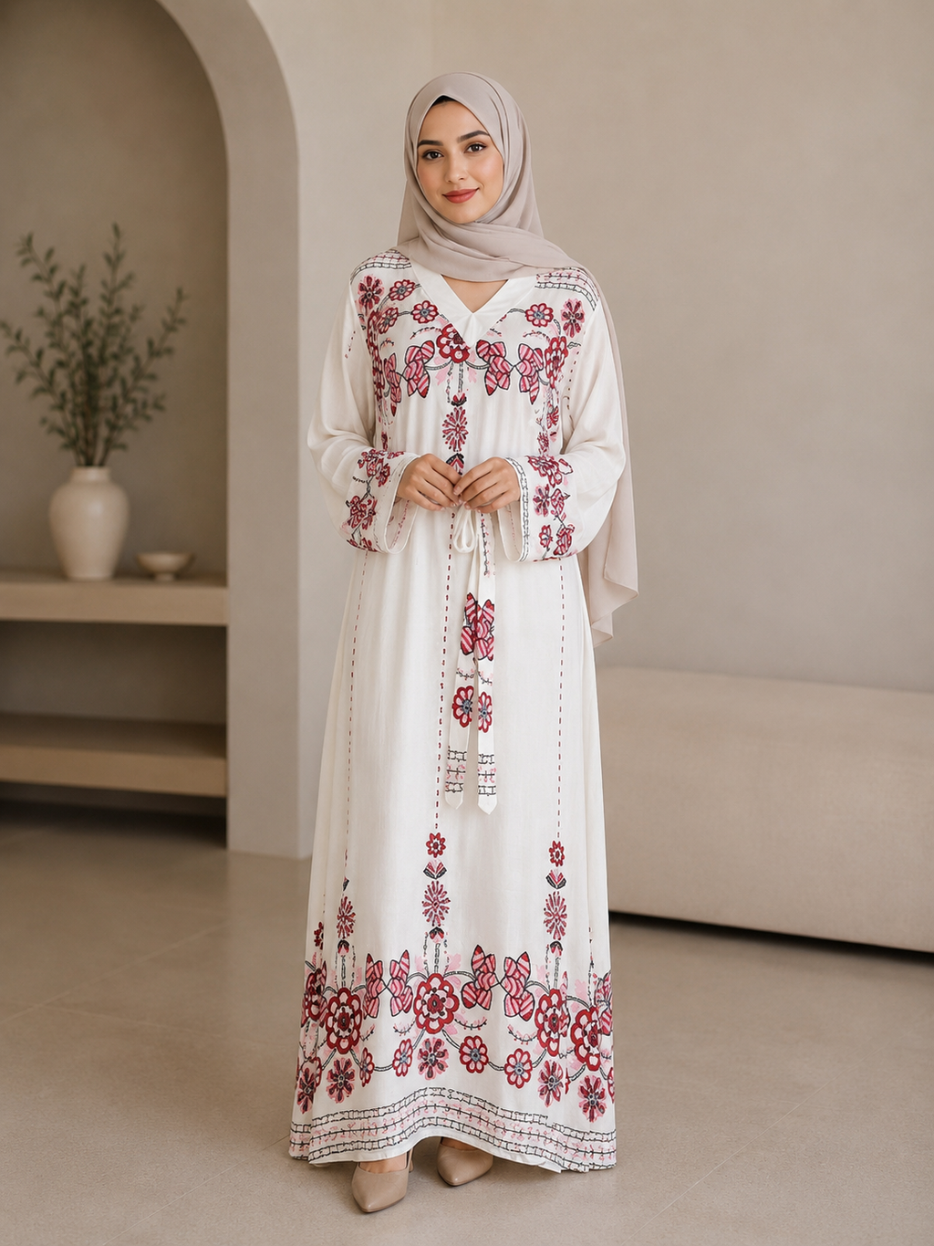 Muslim Ethnic Style New Dress Waist-Controlled Long Sleeves V-neck
