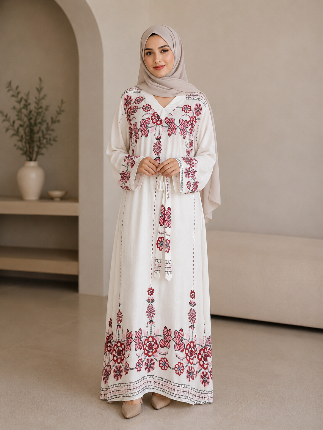 Muslim Ethnic Style New Dress Waist-Controlled Long Sleeves V-neck