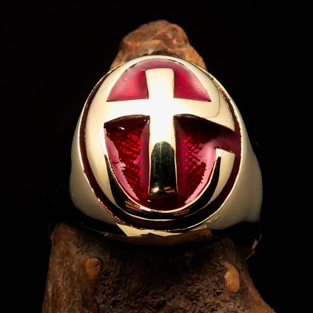 Excellent crafted Men's Ring modern red Christian Cross - Solid Brass
