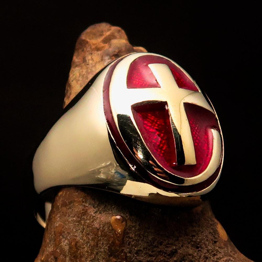 Excellent crafted Men's Ring modern red Christian Cross - Solid Brass