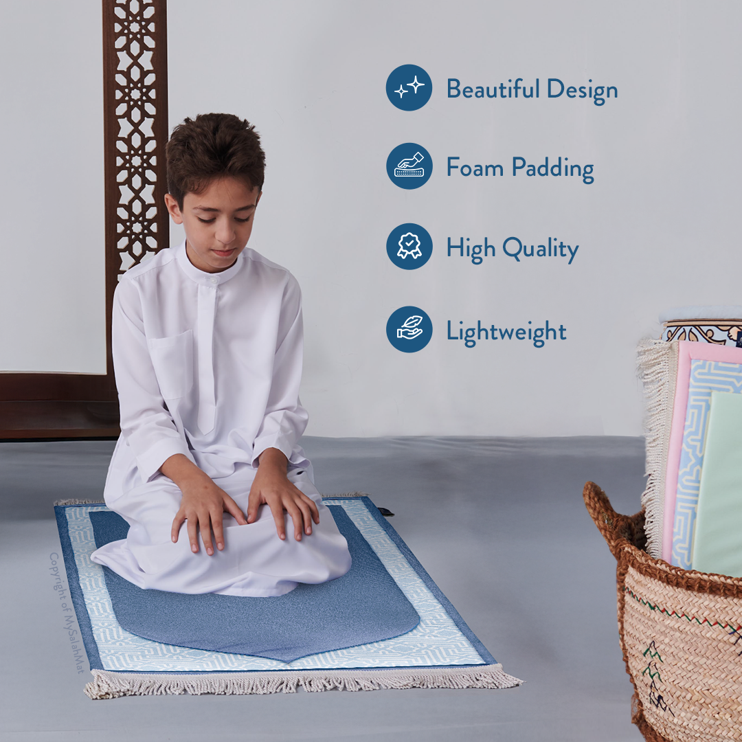 Padded Kids Prayer Mat with Classic Blue Design | Urban Rugs UK | Ramadan & Eid Gift