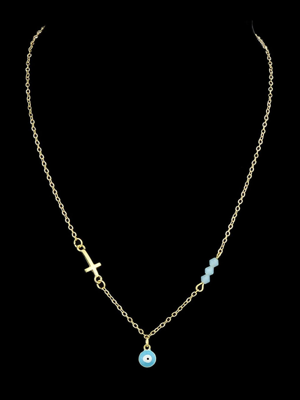 Boho Chic Chain Blue Beads Cross Round Eye Charm Necklace Girls Ethnic Jewellery