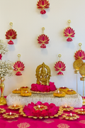 Golden Hindu Altar Decor with Diyas & Lotus Backdrop
